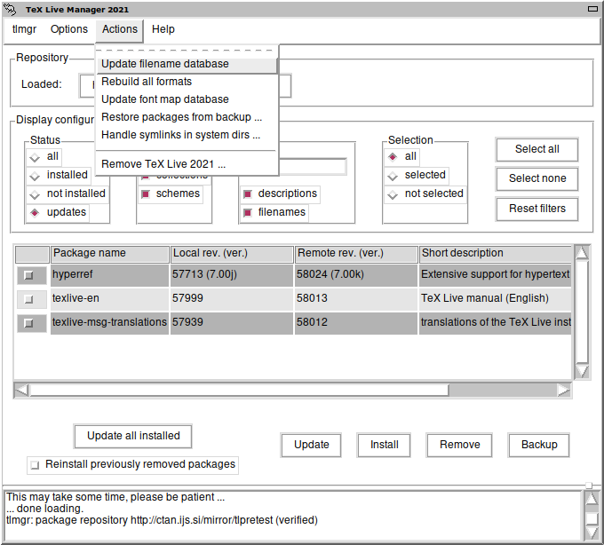 Legacy tlmgr GUI mode: main window, after ‘Load’