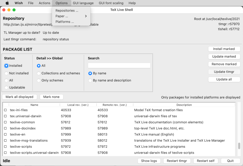 tlshell GUI, showing the Actions menu (Mac OS X)